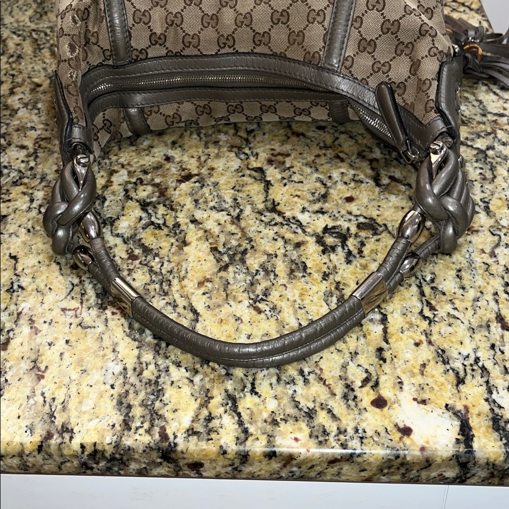 EUC Authentic Gucci GG Beige/Gray Canvas Techno Horsebit Hobo Handbag 11X16 - Picture 5 of 10